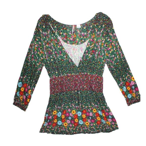 Anthropologie Ric Rac green Floral elastic waist top Size M Multicolor V neck - Picture 1 of 10